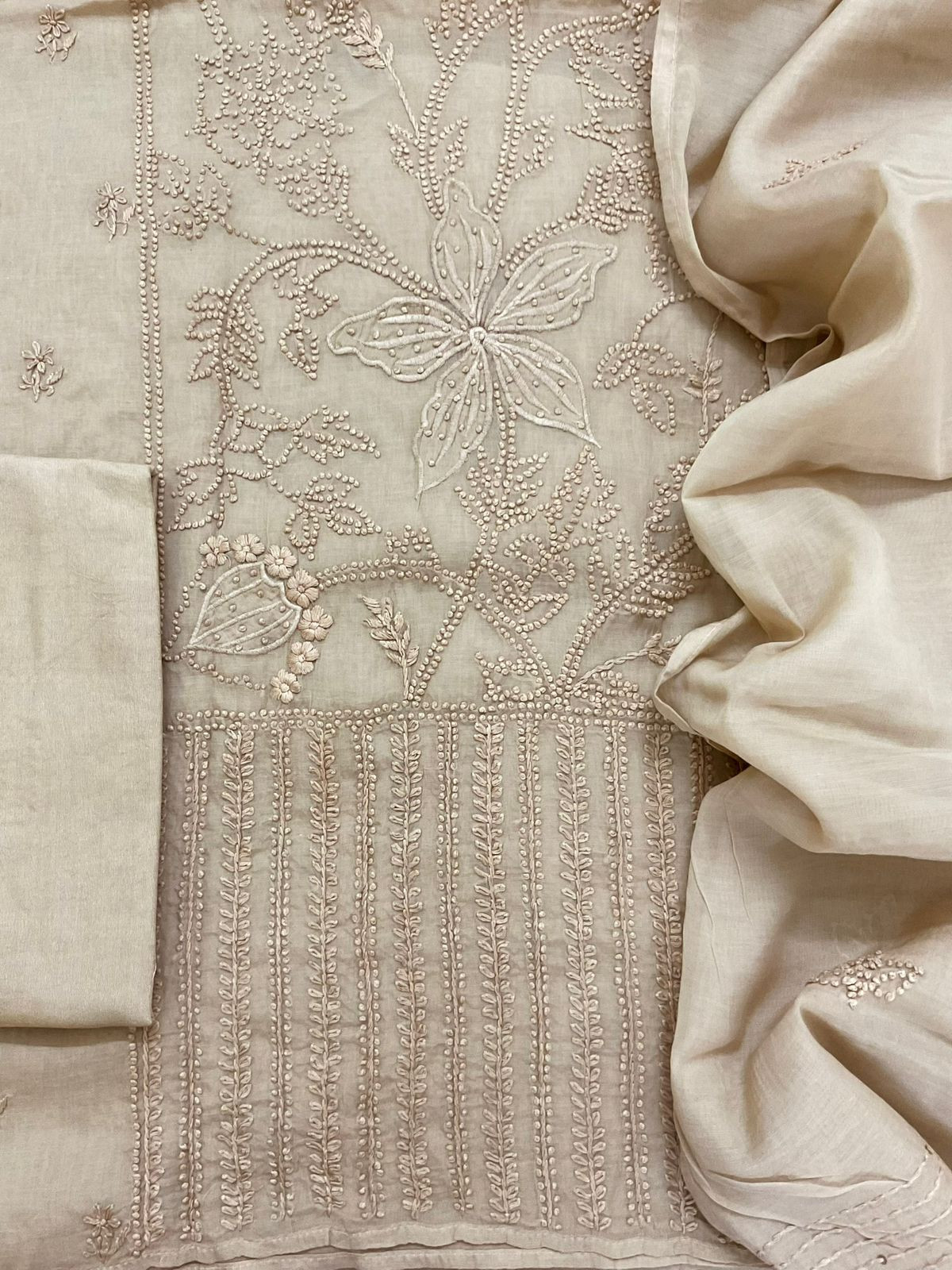 Pure Chanderi Embroidered Suit - Beige