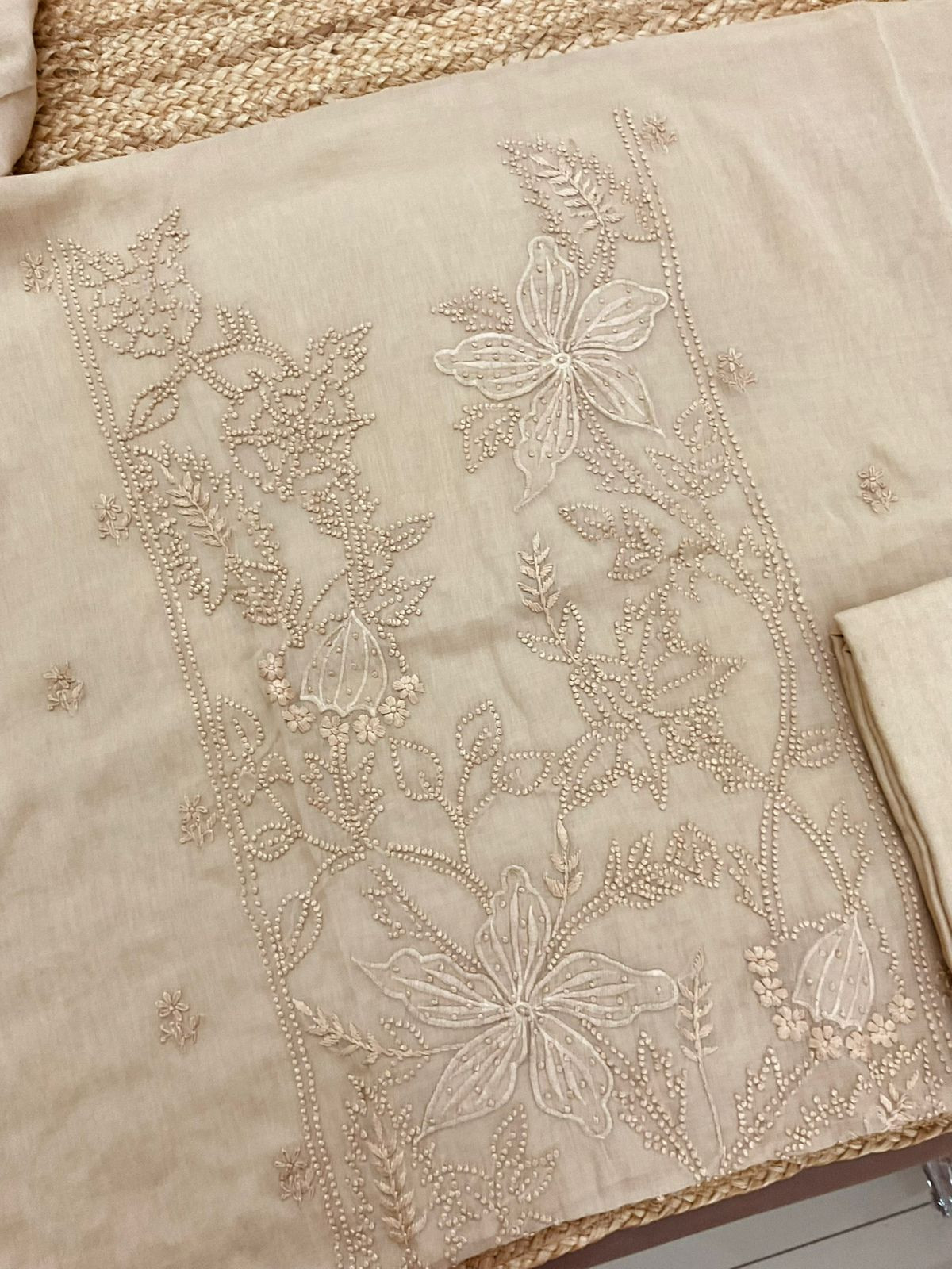 Pure Chanderi Embroidered Suit - Beige