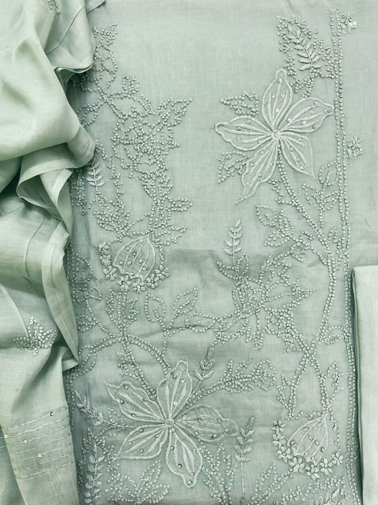 Image of Pure Chanderi Embroidered Suit - Green