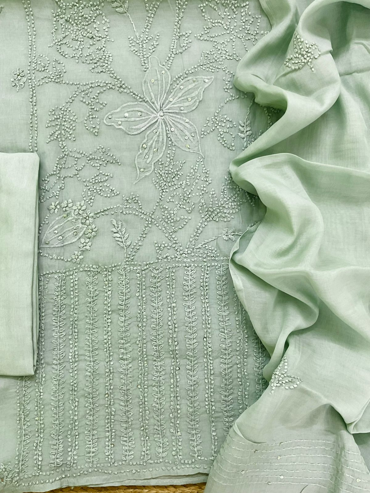 Pure Chanderi Embroidered Suit - Green