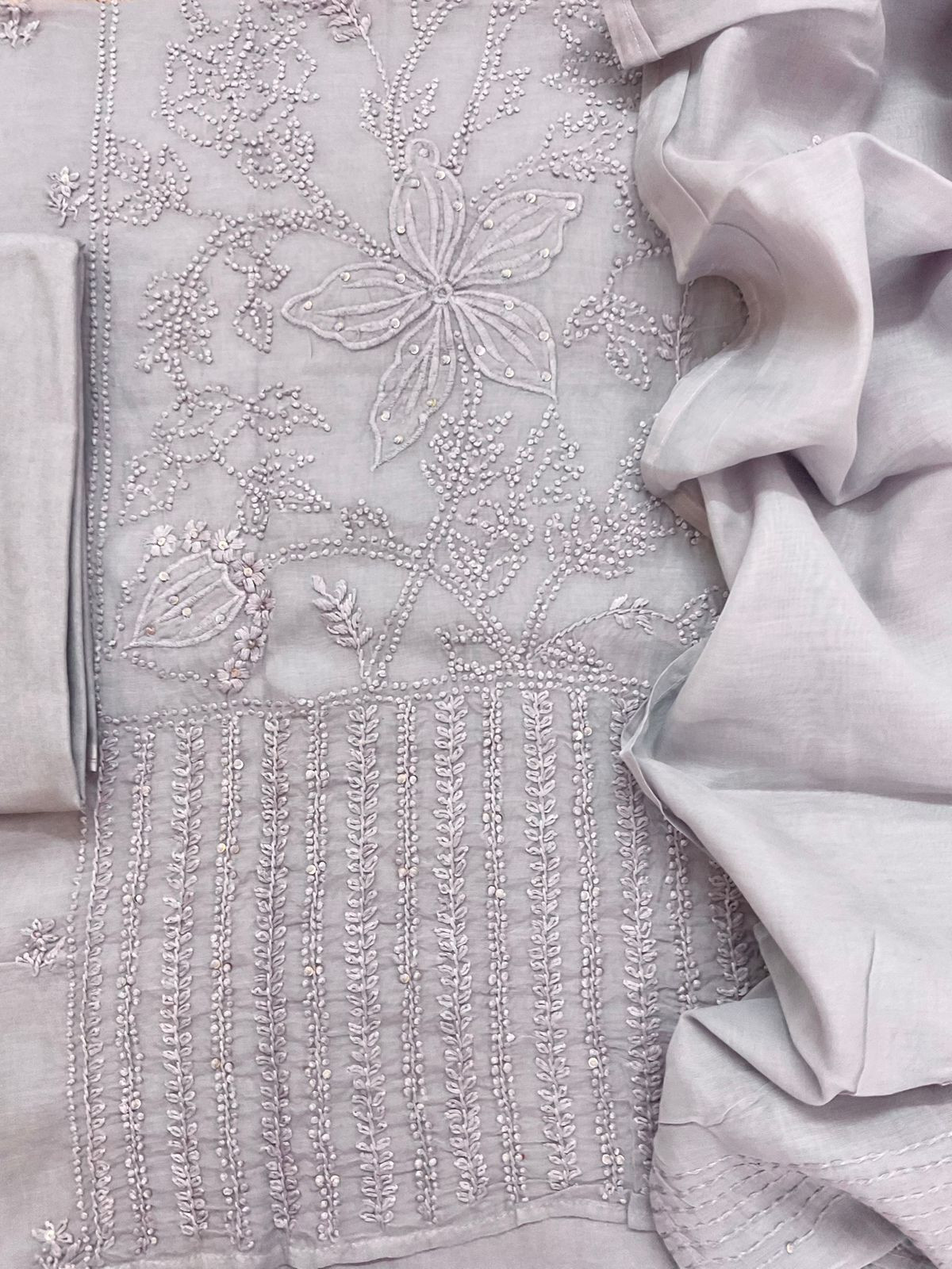 Pure Chanderi Embroidered Suit - Lilac