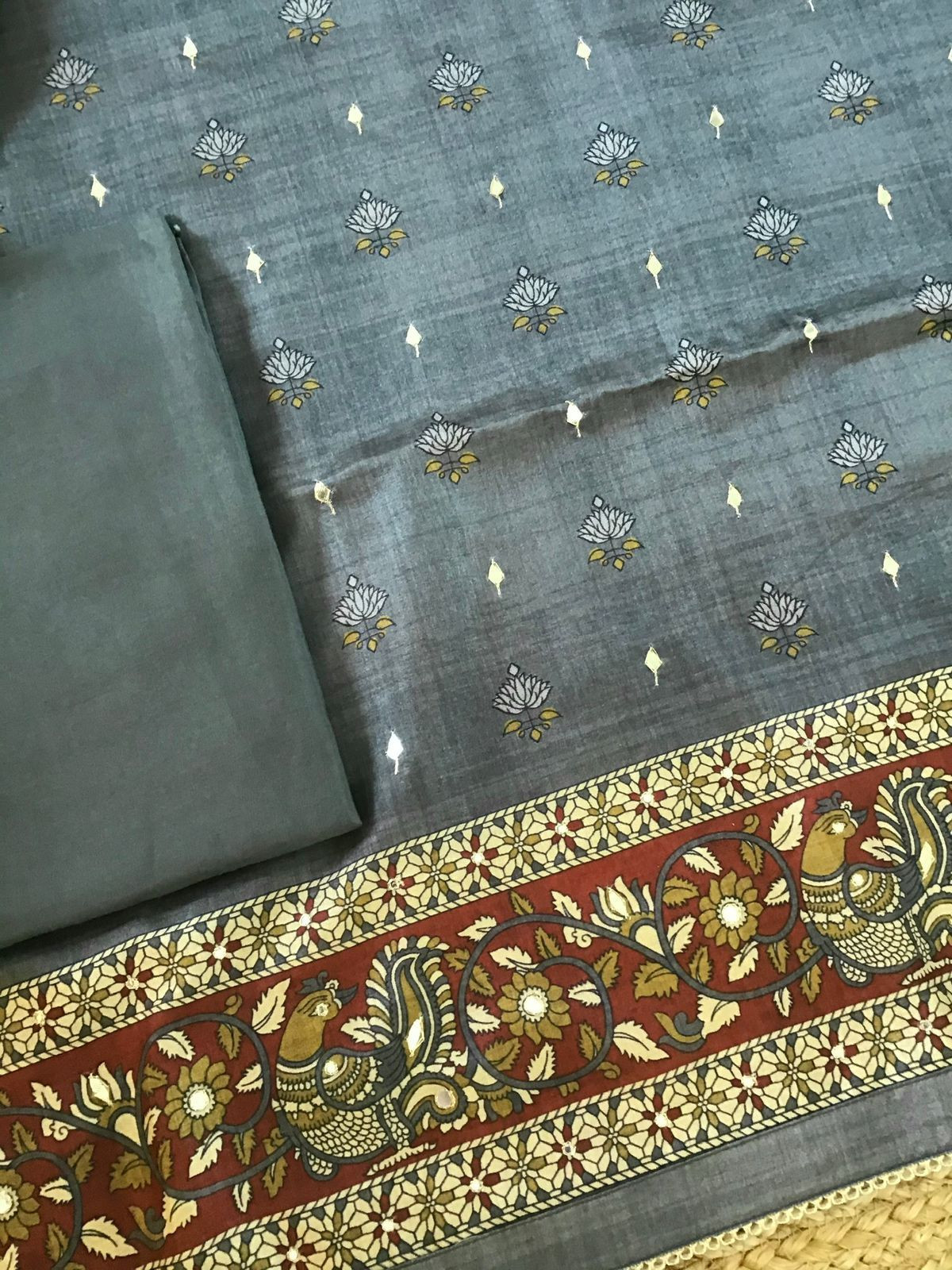 Soft Semi Tussar Printed Embroidered Suit - Grey