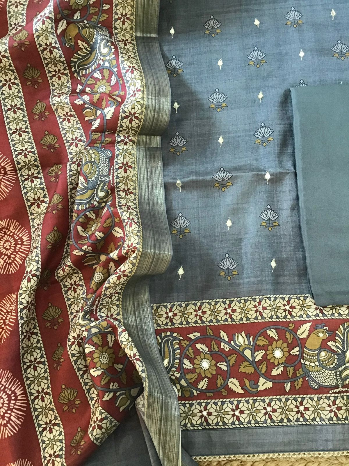 Soft Semi Tussar Printed Embroidered Suit - Grey