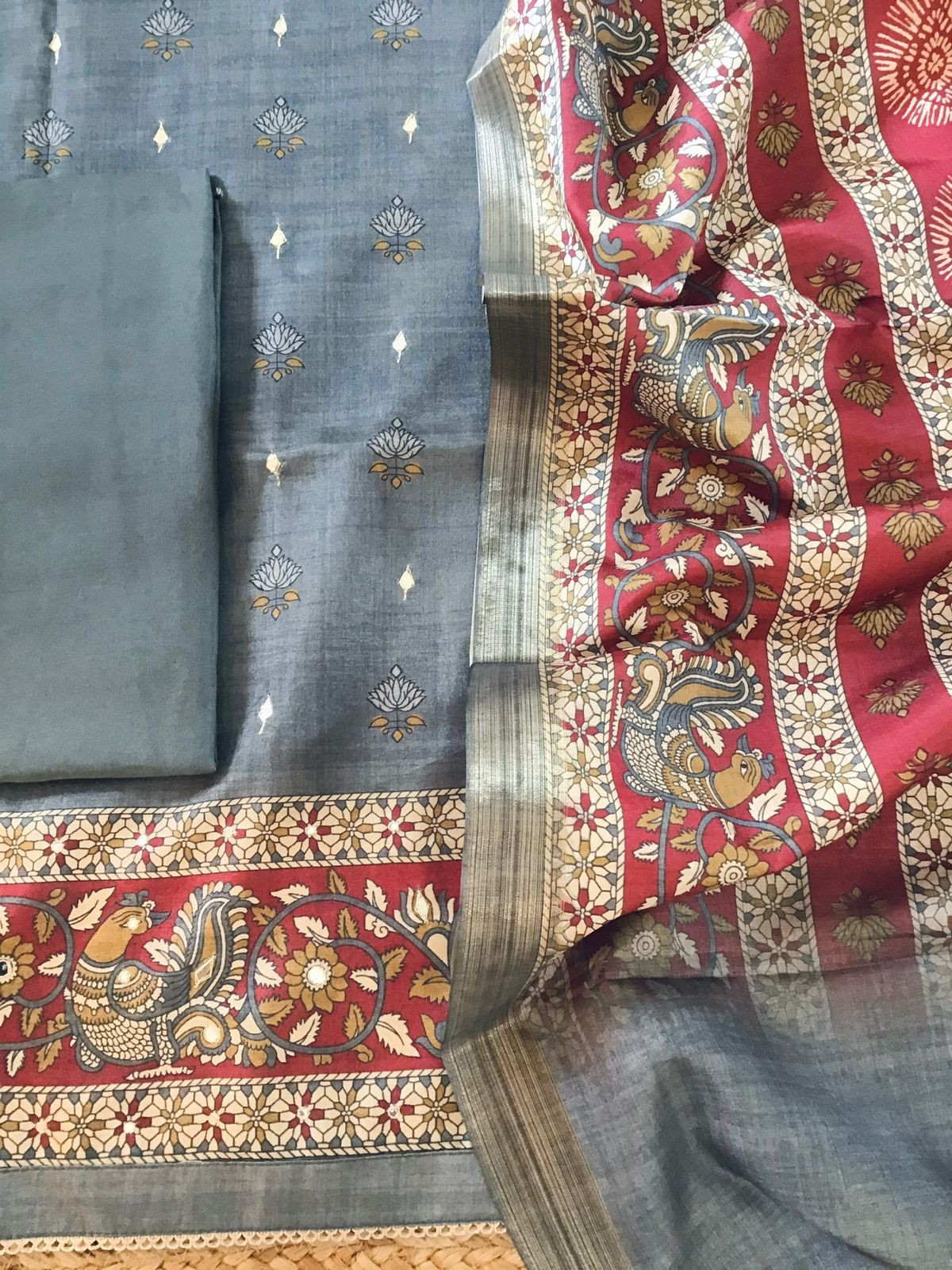 Soft Semi Tussar Printed Embroidered Suit - Grey