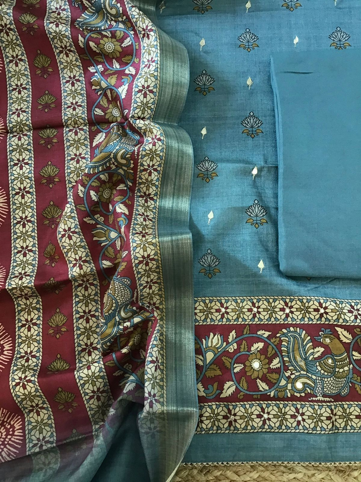 Soft Semi Tussar Printed Embroidered Suit - Blue