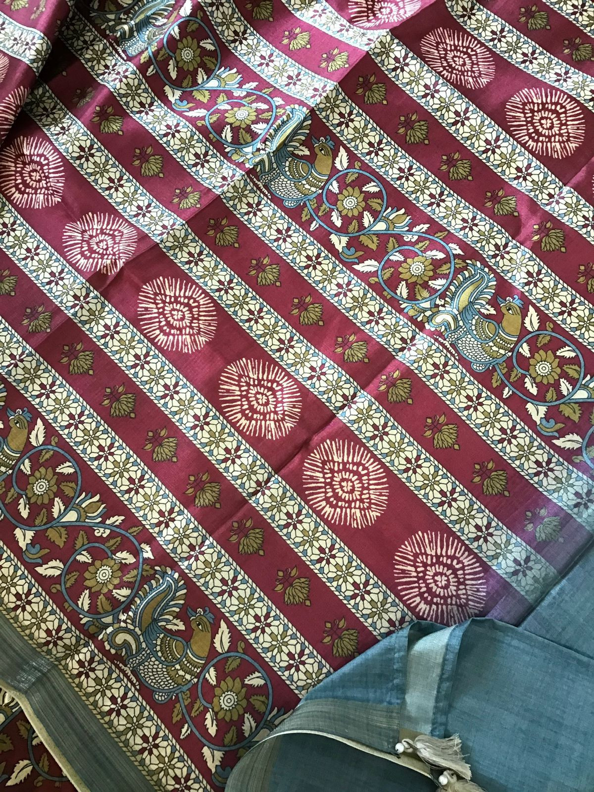 Soft Semi Tussar Printed Embroidered Suit - Blue