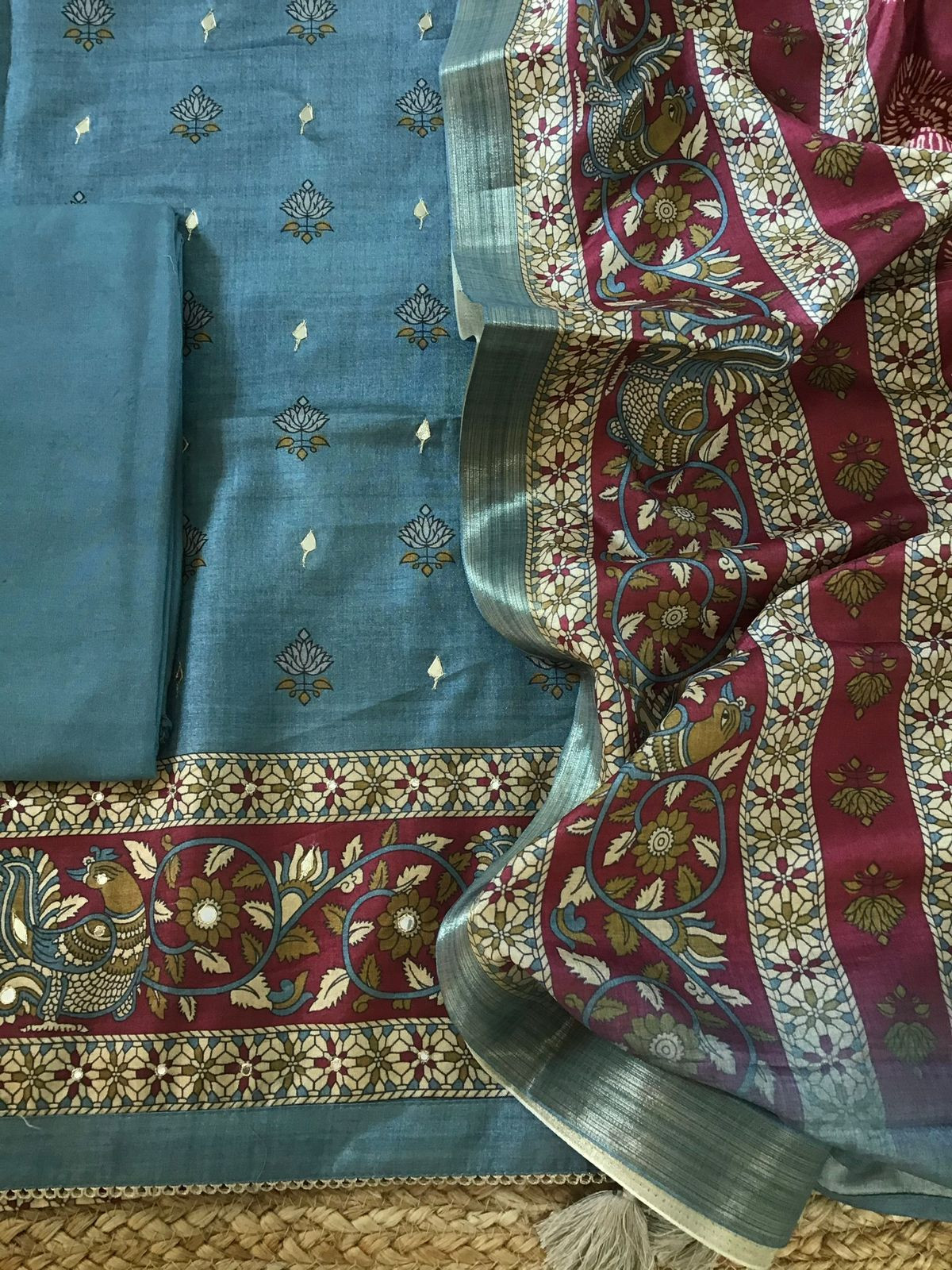 Soft Semi Tussar Printed Embroidered Suit - Blue