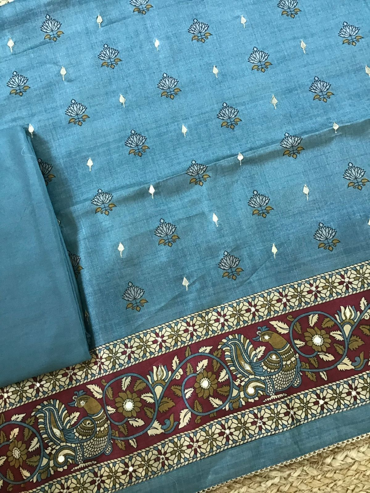 Soft Semi Tussar Printed Embroidered Suit - Blue