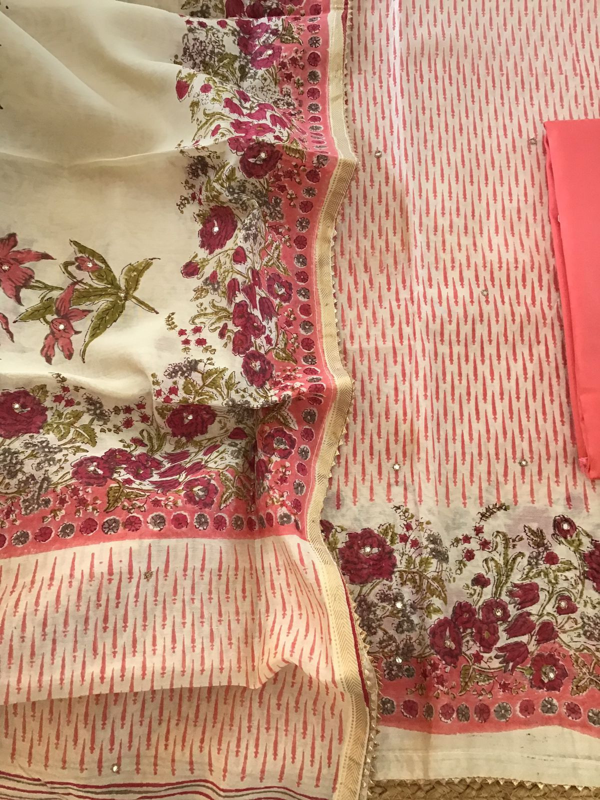 Pure Chanderi Printed Embroidered Suit - Beige