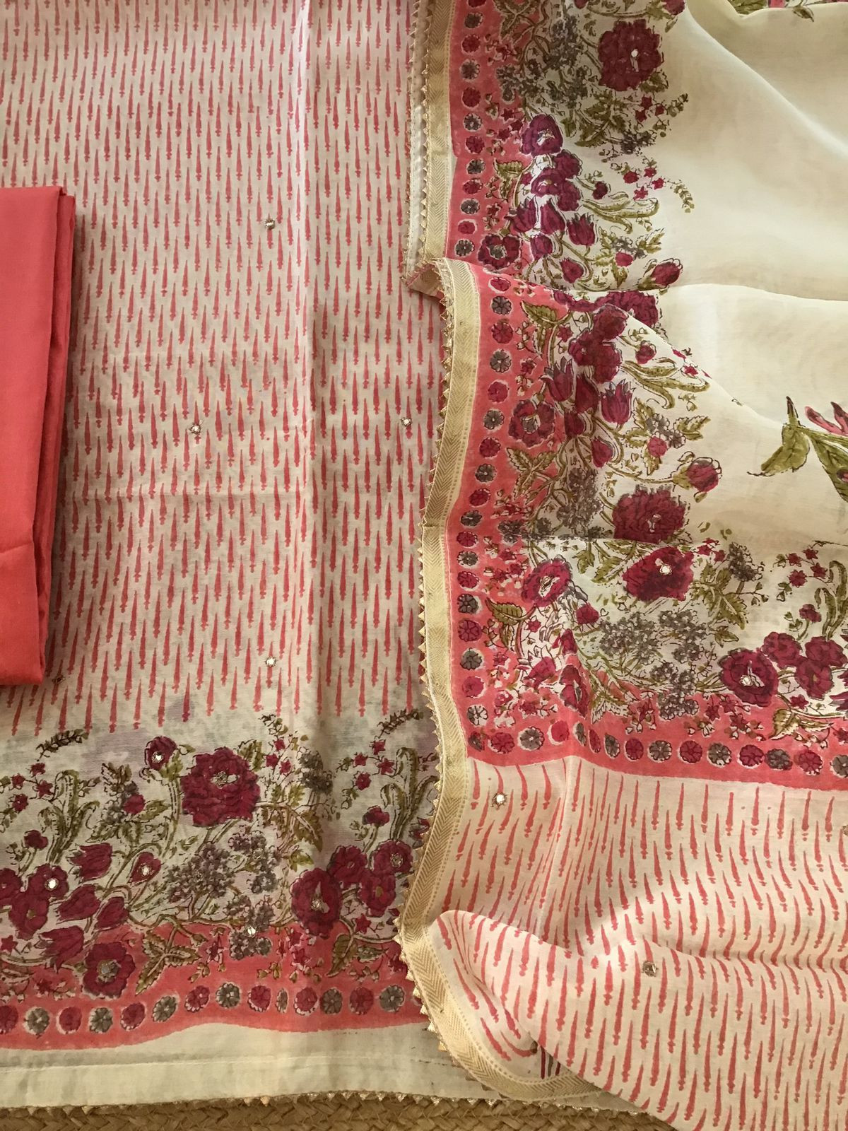 Pure Chanderi Printed Embroidered Suit - Beige