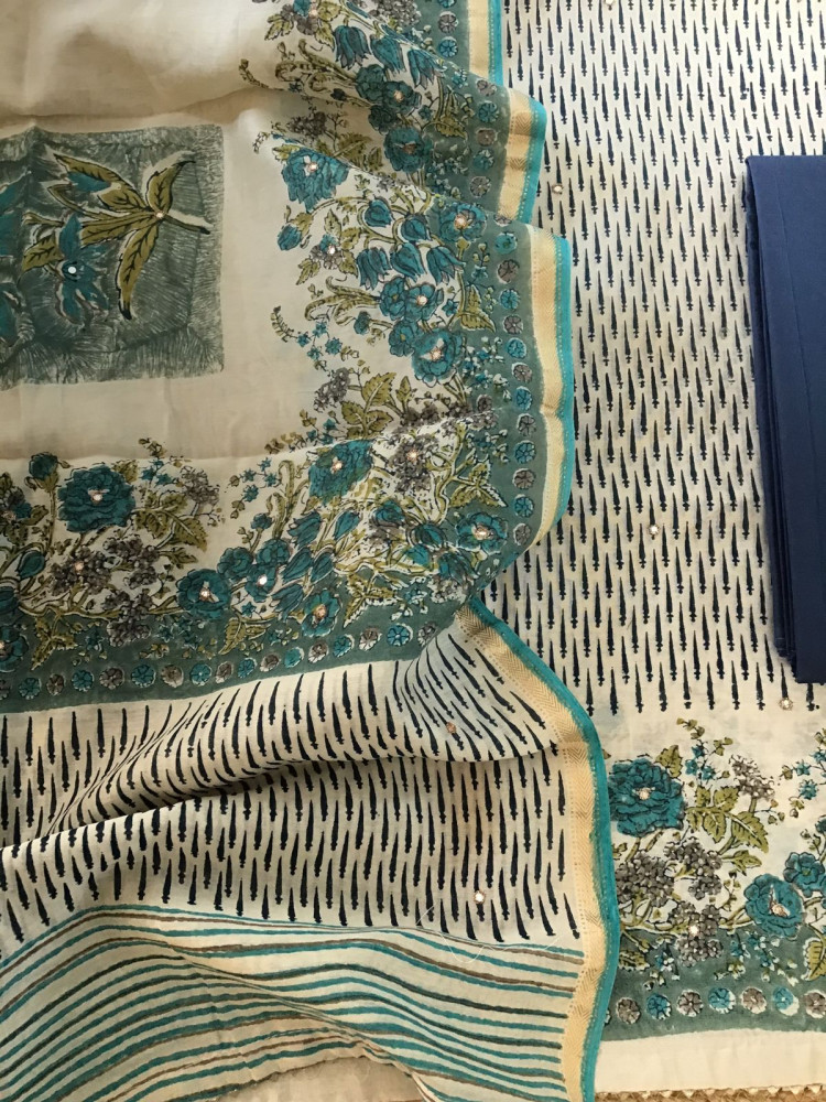 Image of Pure Chanderi Printed Embroidered Suit - Beige