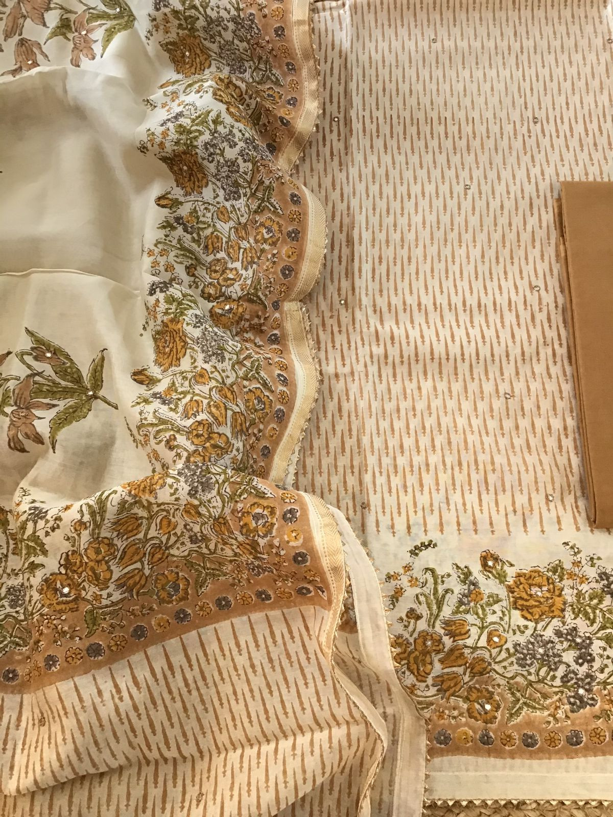 Pure Chanderi Printed Embroidered Suit - Beige