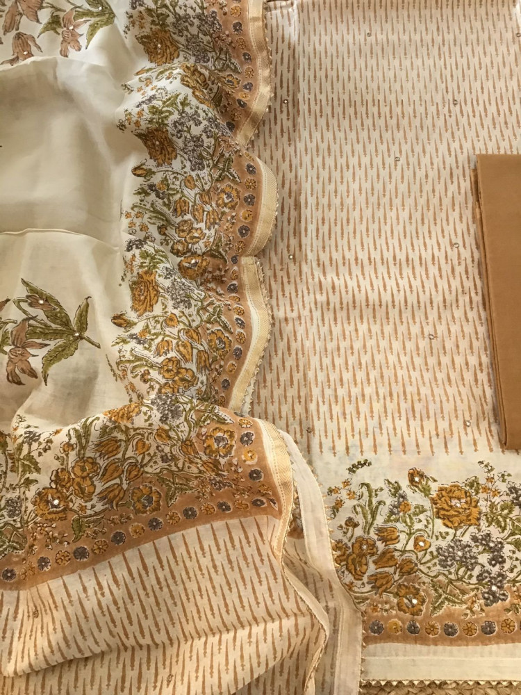 Image of Pure Chanderi Printed Embroidered Suit - Beige