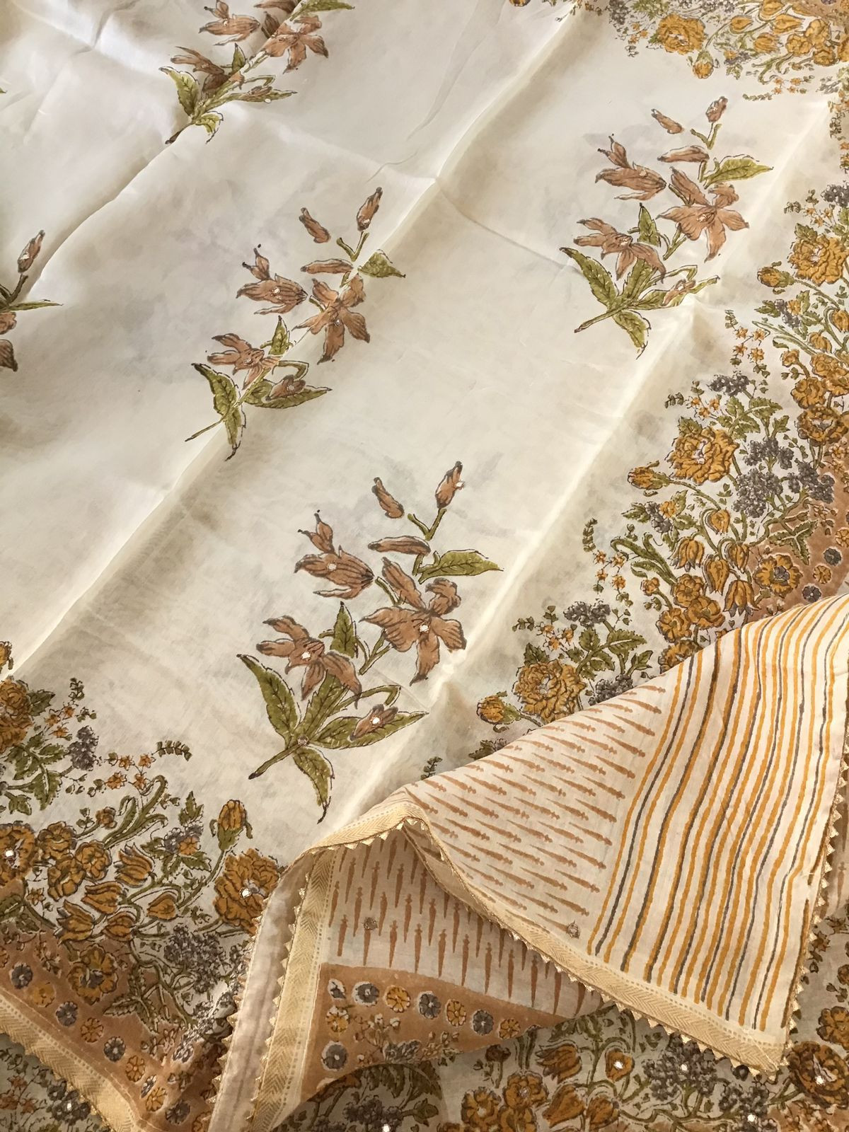 Pure Chanderi Printed Embroidered Suit - Beige