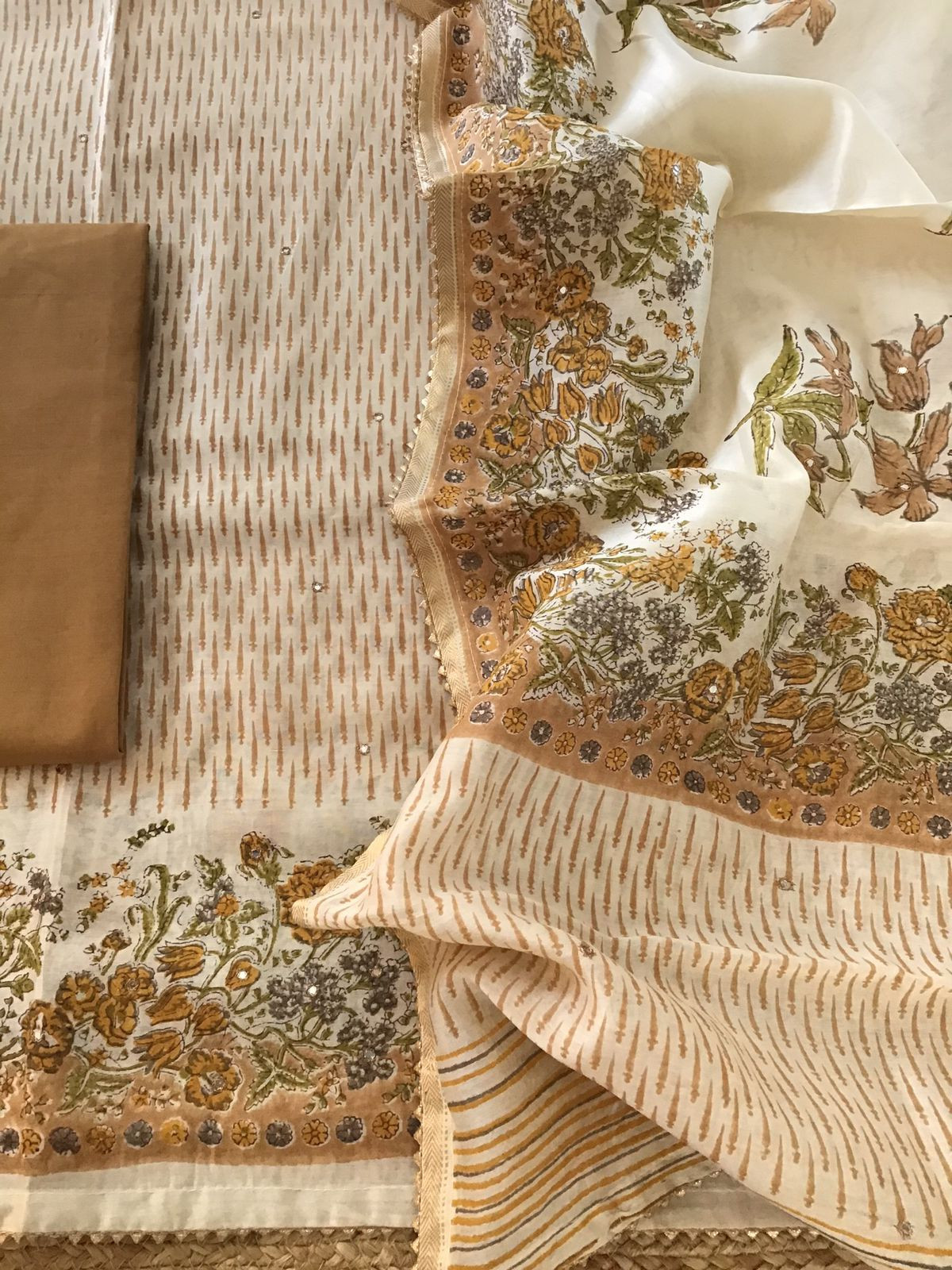 Pure Chanderi Printed Embroidered Suit - Beige