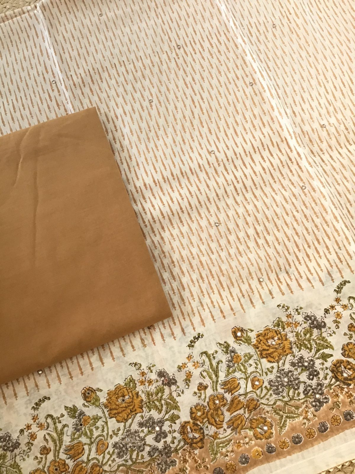 Pure Chanderi Printed Embroidered Suit - Beige