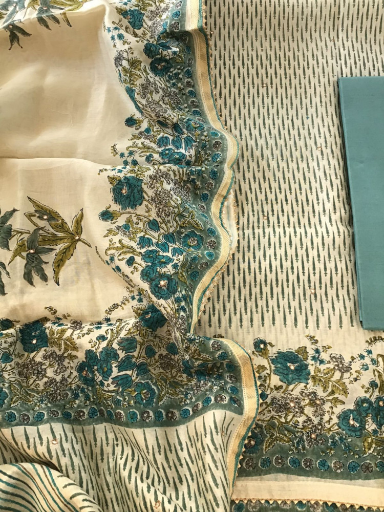 Image of Pure Chanderi Printed Embroidered Suit - Beige