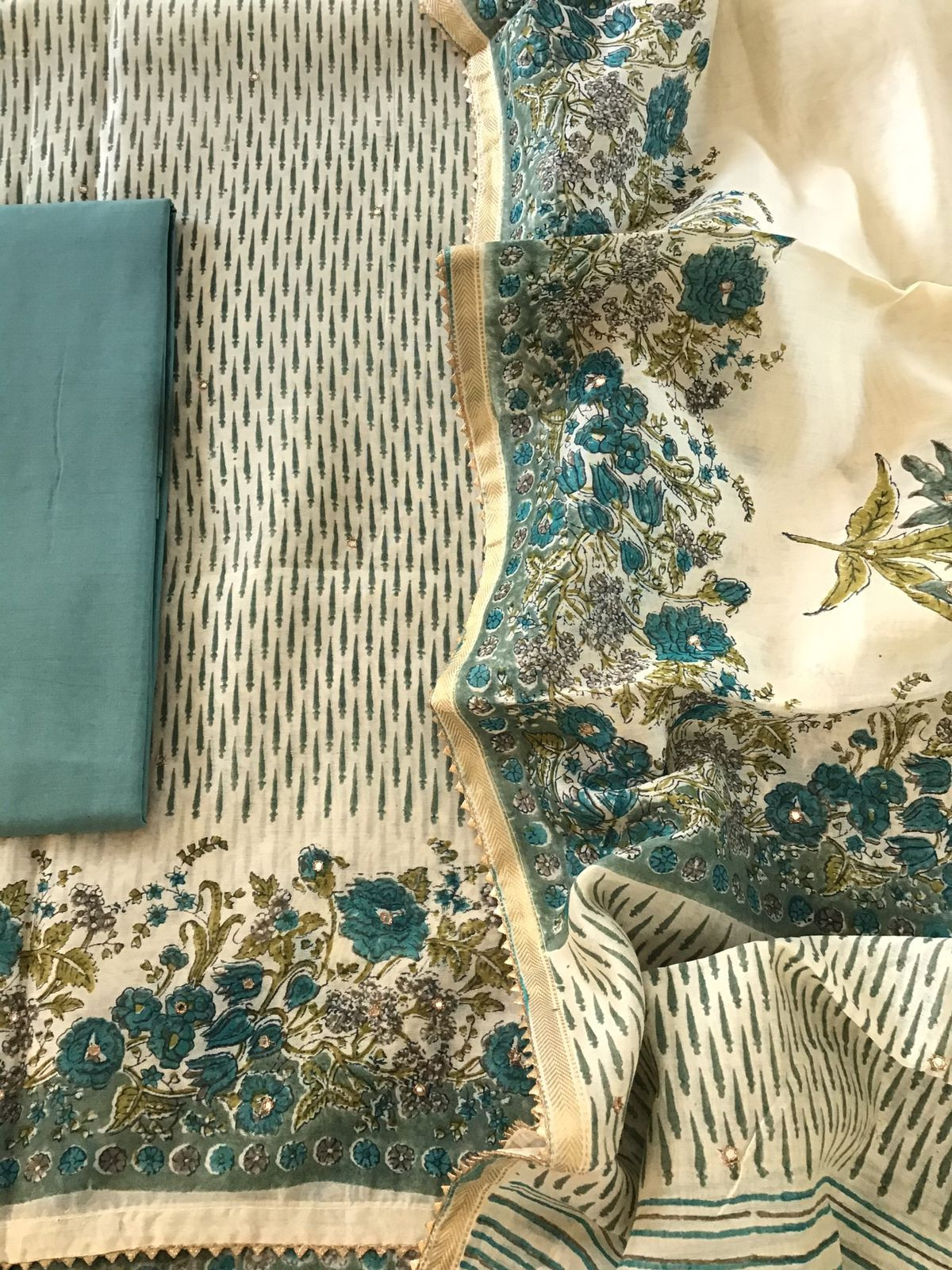 Pure Chanderi Printed Embroidered Suit - Beige