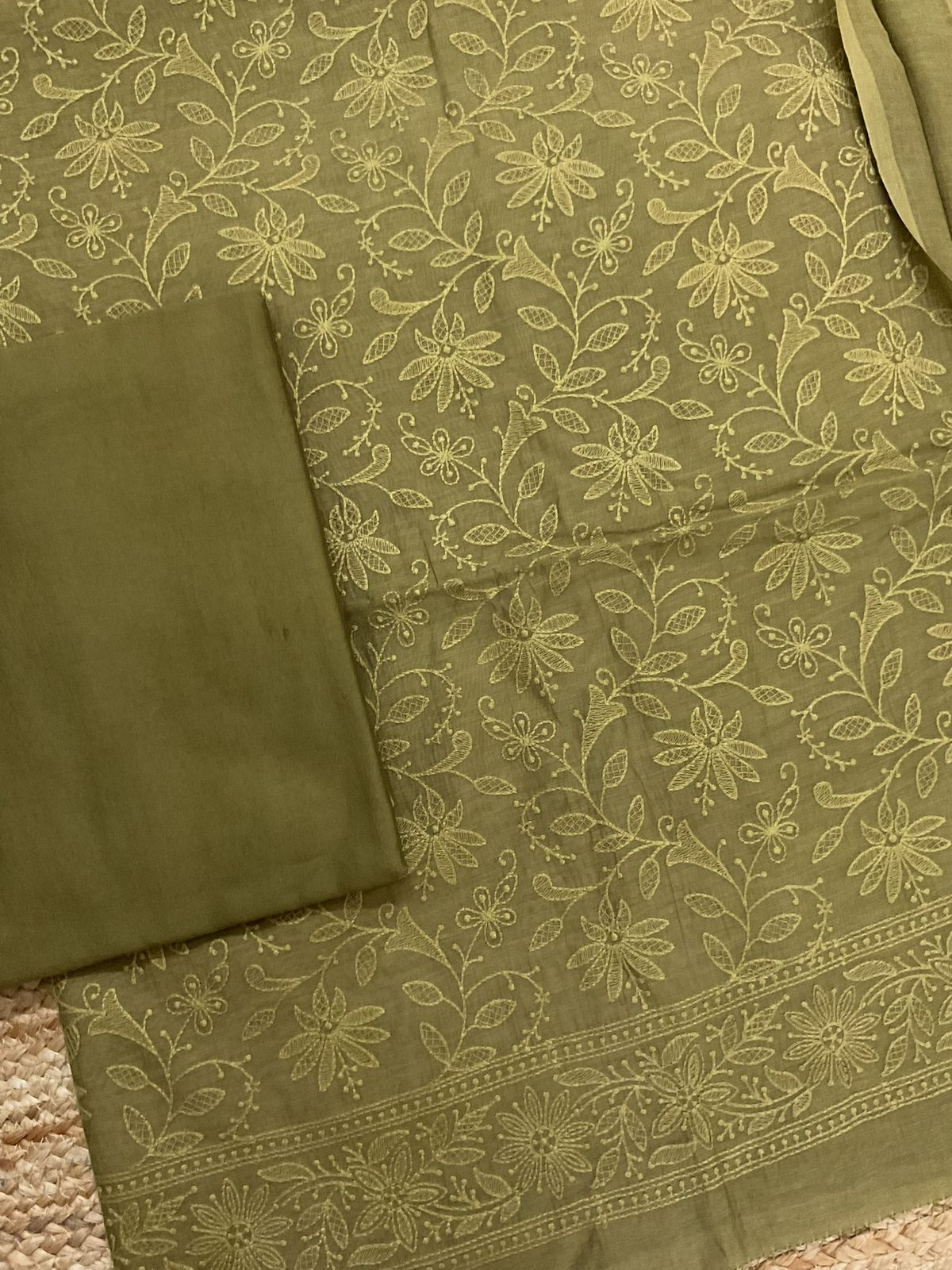 Pure Mul Chanderi Embroidered Suit - Green