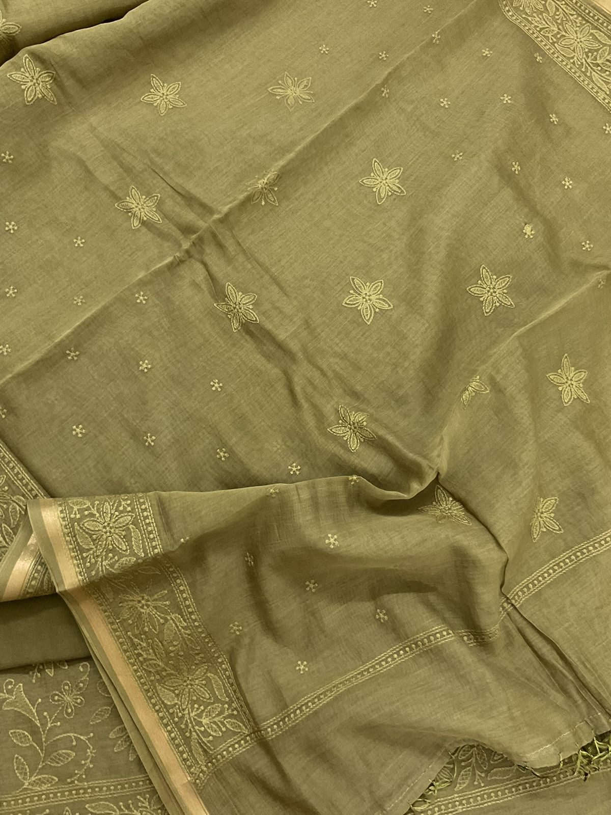 Pure Mul Chanderi Embroidered Suit - Green