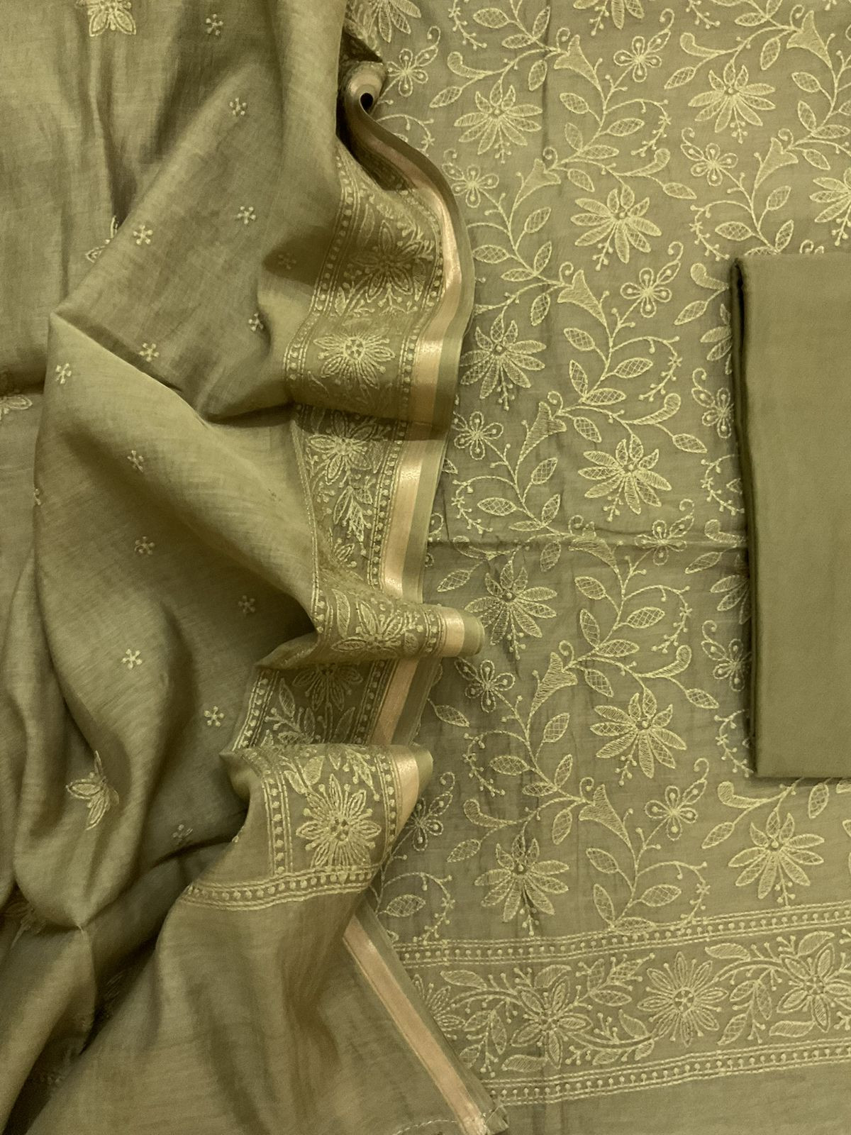 Pure Mul Chanderi Embroidered Suit - Green