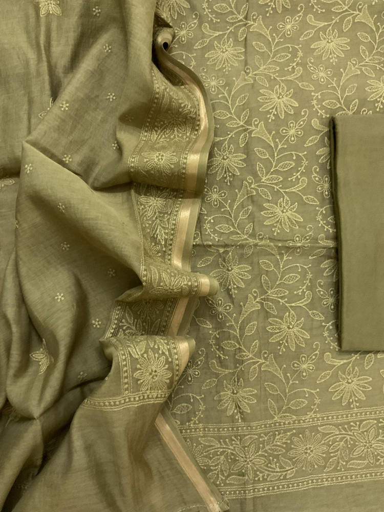 Image of Pure Mul Chanderi Embroidered Suit - Green