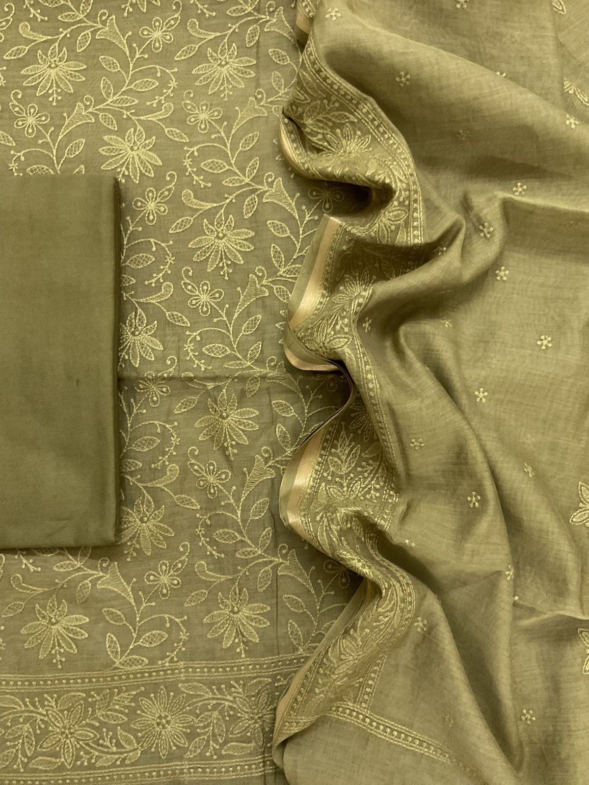Pure Mul Chanderi Embroidered Suit - Green
