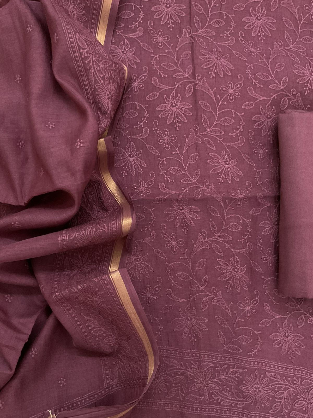 Pure Mul Chanderi Embroidered Suit - Wine