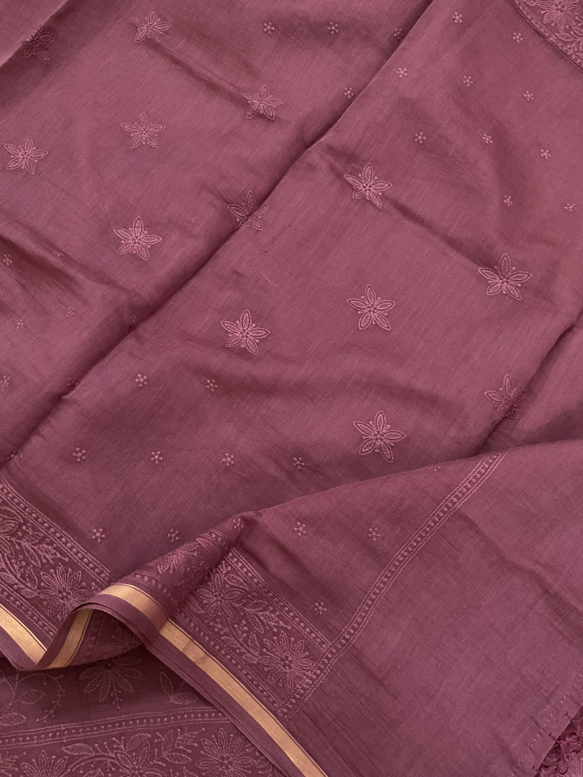 Pure Mul Chanderi Embroidered Suit - Wine