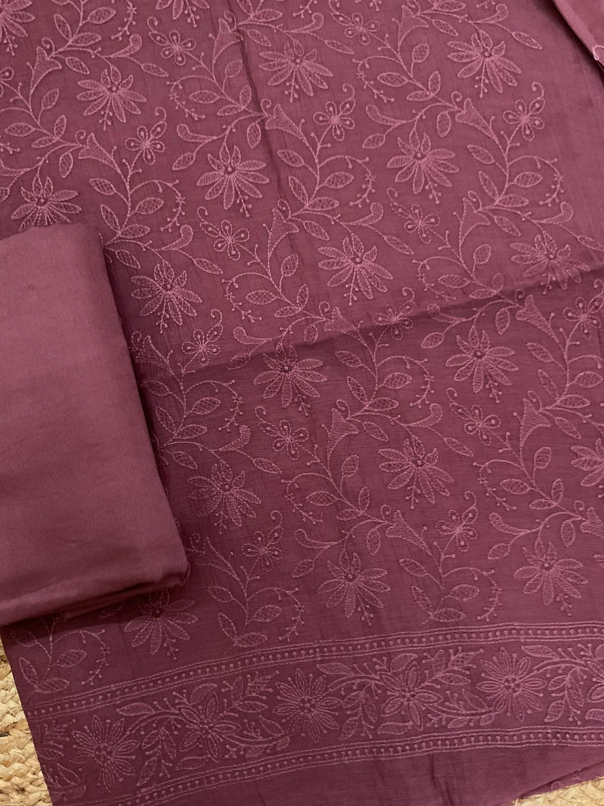 Pure Mul Chanderi Embroidered Suit - Wine
