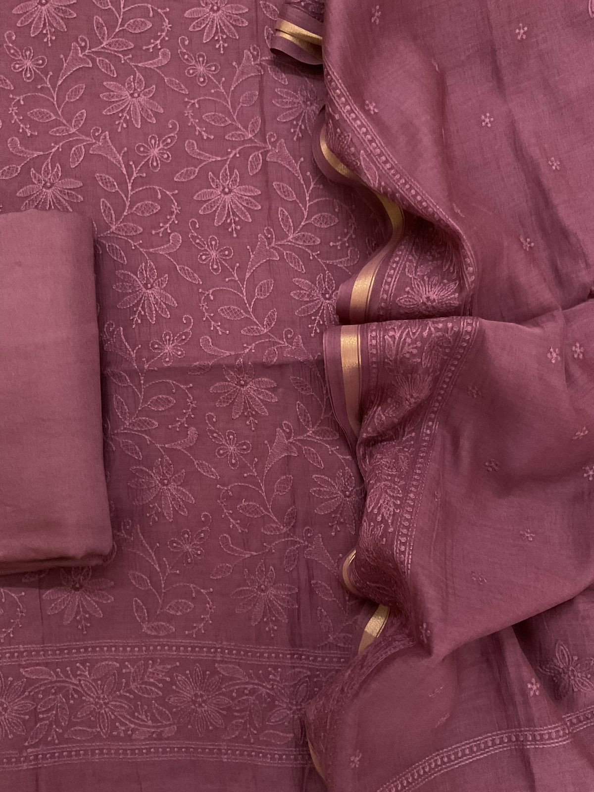 Pure Mul Chanderi Embroidered Suit - Wine