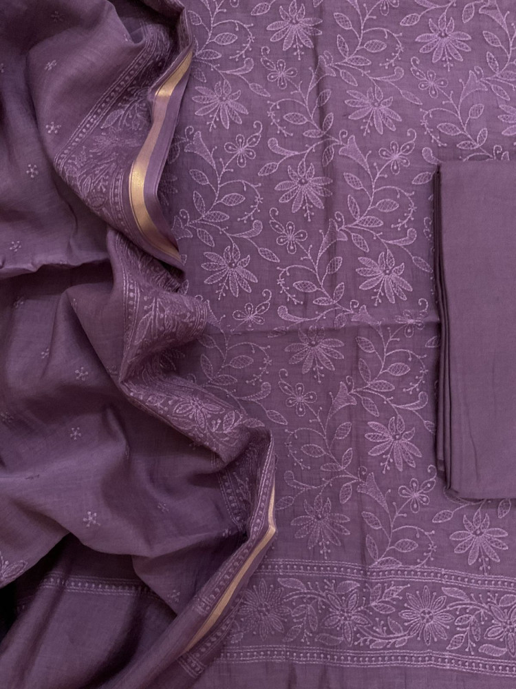 Image of Pure Mul Chanderi Embroidered Suit - Mauve