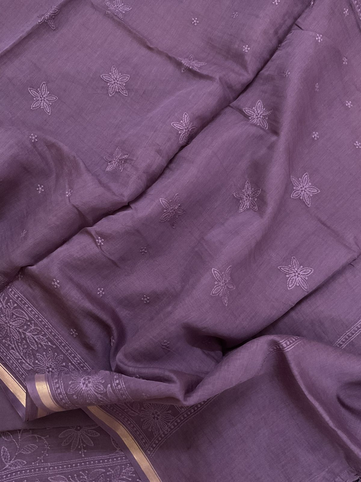 Pure Mul Chanderi Embroidered Suit - Mauve