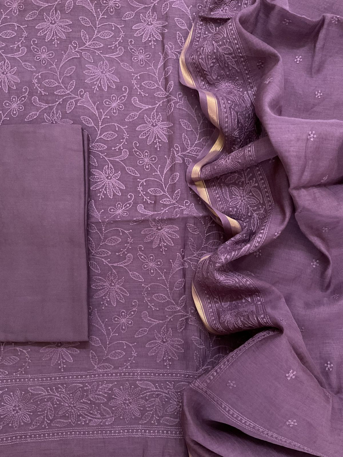 Pure Mul Chanderi Embroidered Suit - Mauve