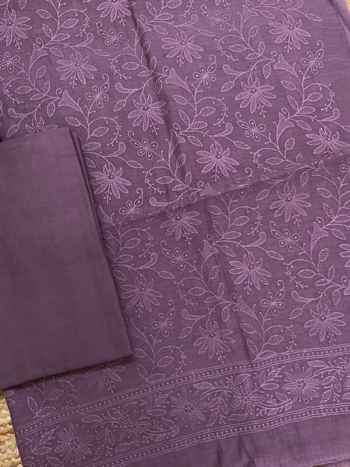 Pure Mul Chanderi Embroidered Suit - Mauve