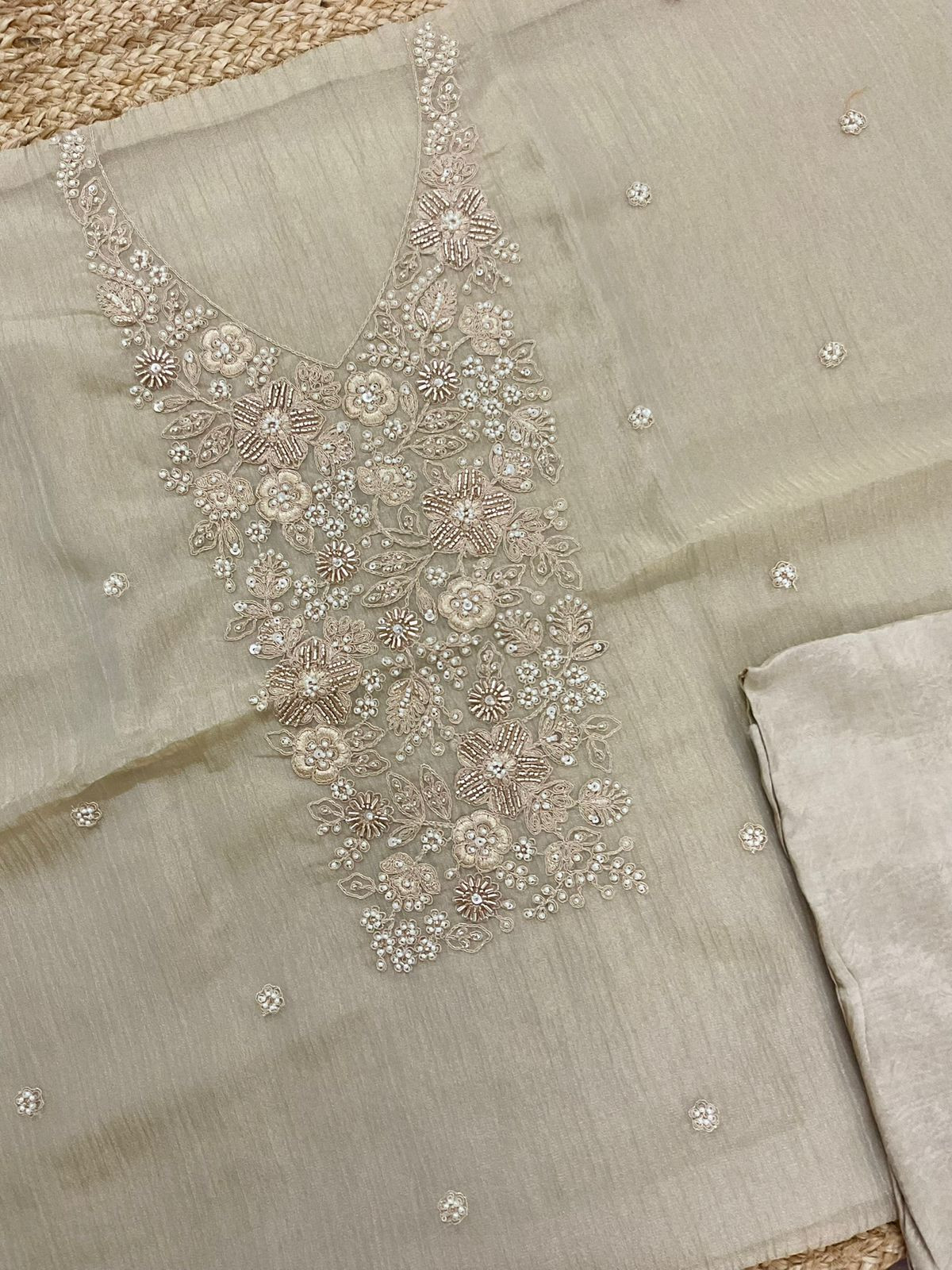 Pure Crushed Tissue Fine Embroidered Suit - Beige