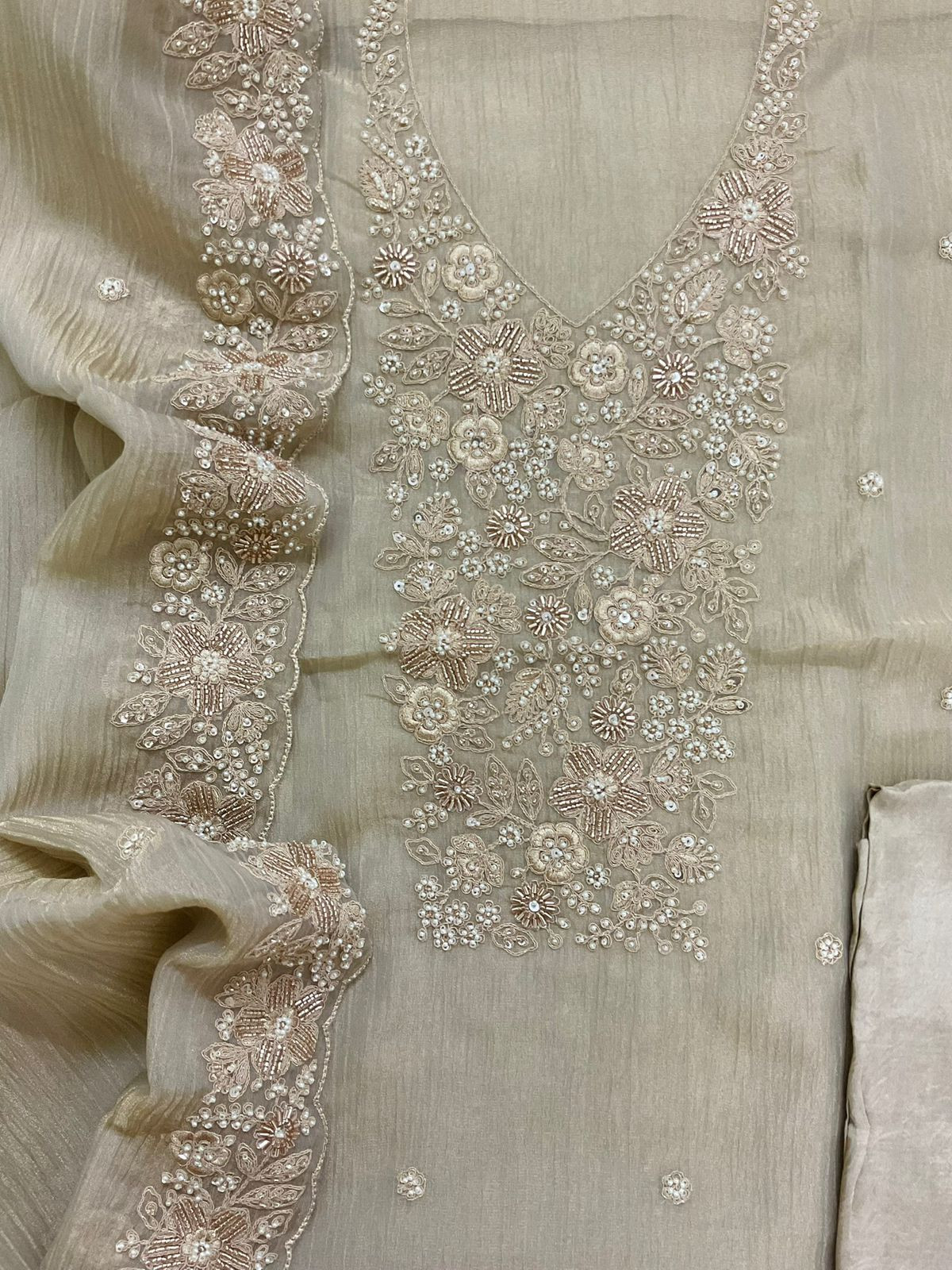 Pure Crushed Tissue Fine Embroidered Suit - Beige
