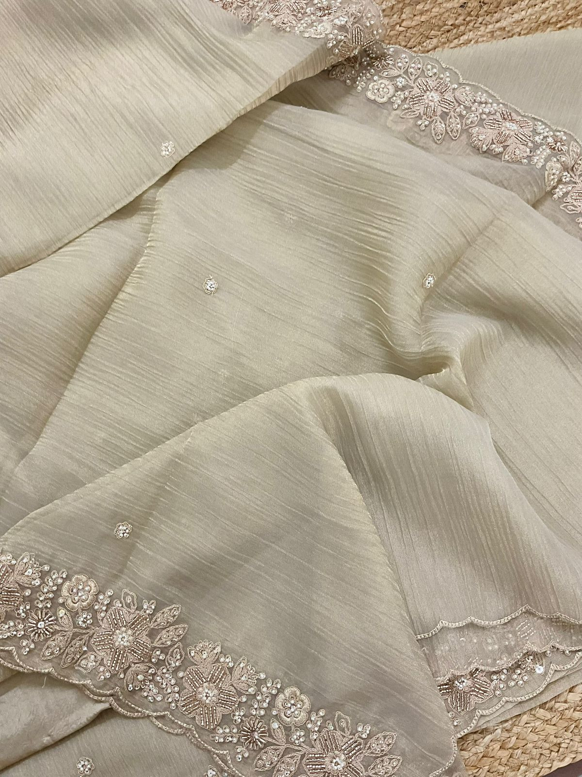 Pure Crushed Tissue Fine Embroidered Suit - Beige