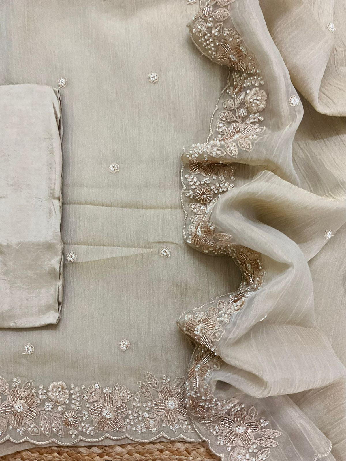 Pure Crushed Tissue Fine Embroidered Suit - Beige