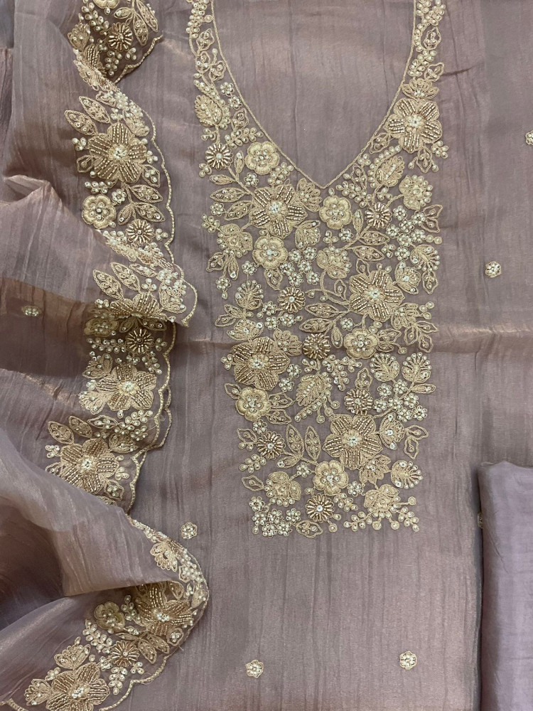 Image of Pure Crushed Tissue Fine Embroidered Suit - Lavender