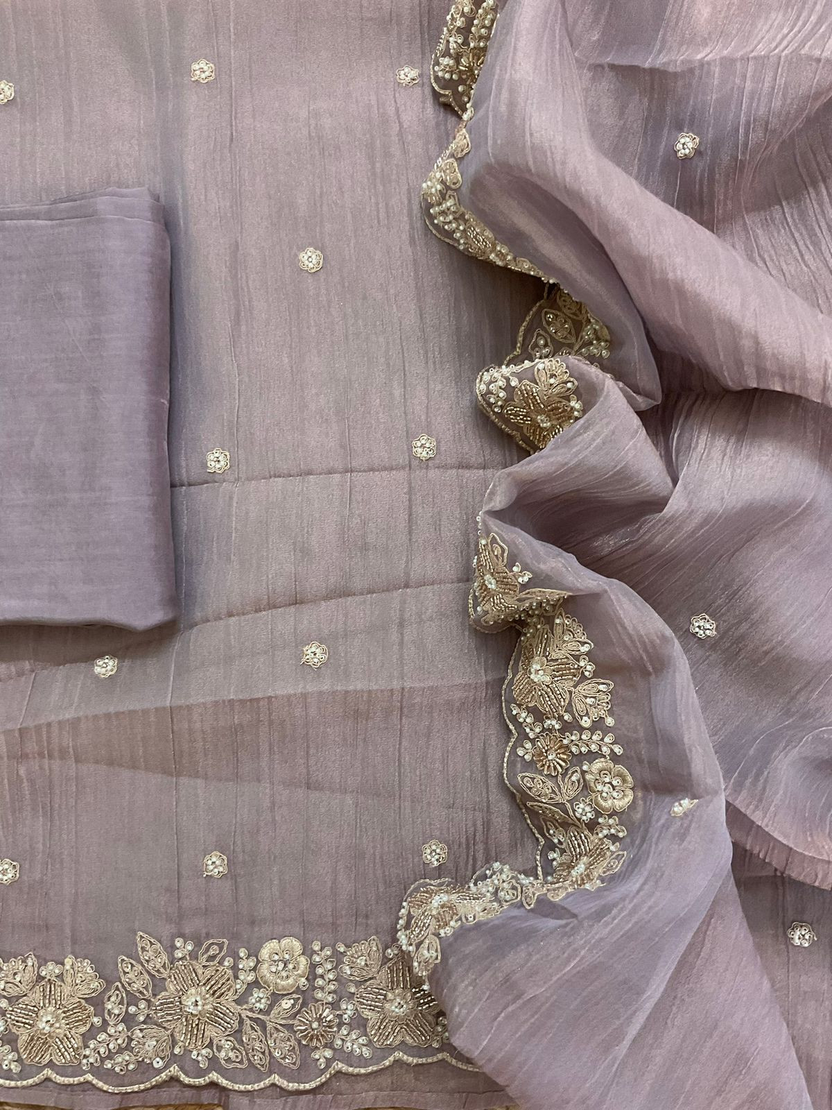 Pure Crushed Tissue Fine Embroidered Suit - Lavender