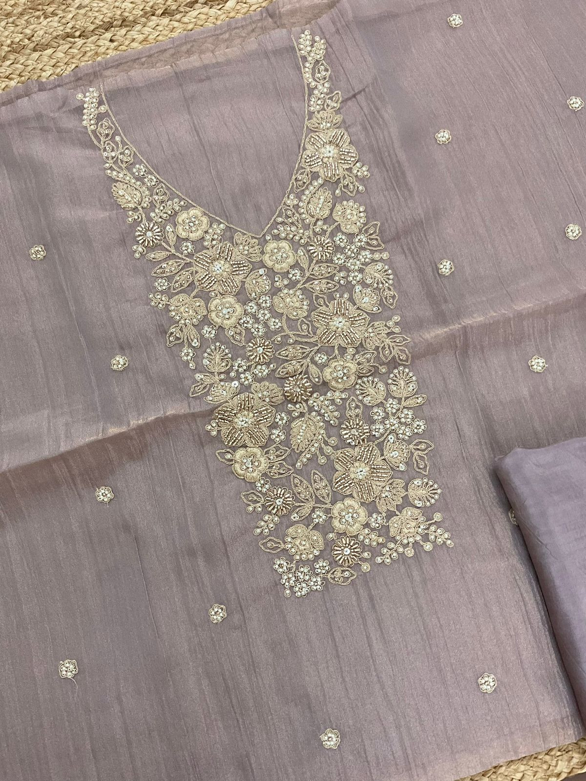 Pure Crushed Tissue Fine Embroidered Suit - Lavender