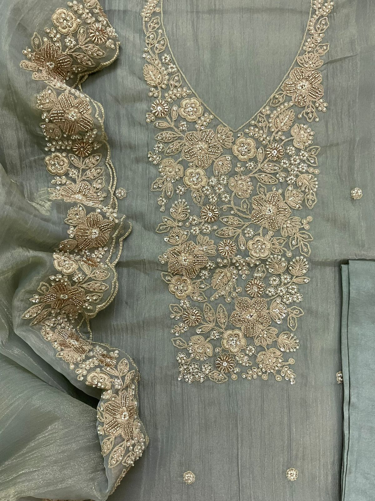 Pure Crushed Tissue Fine Embroidered Suit - Green