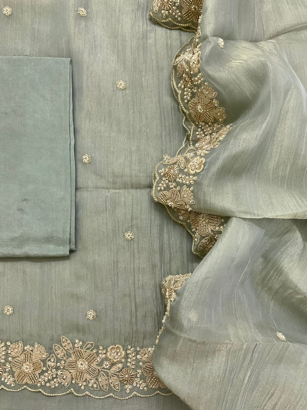 Pure Crushed Tissue Fine Embroidered Suit - Green