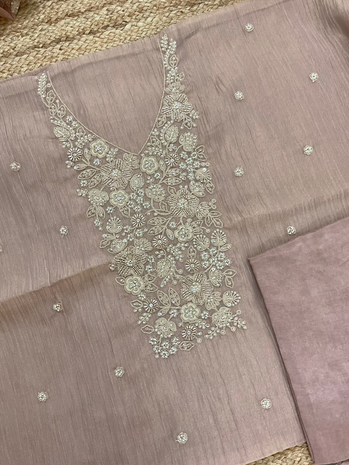 Pure Crushed Tissue Fine Embroidered Suit - Onion Pink