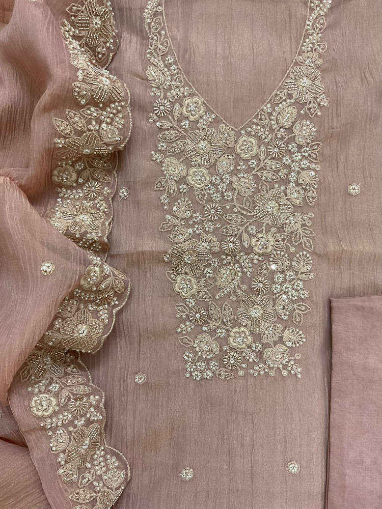 Image of Pure Crushed Tissue Fine Embroidered Suit - Onion Pink