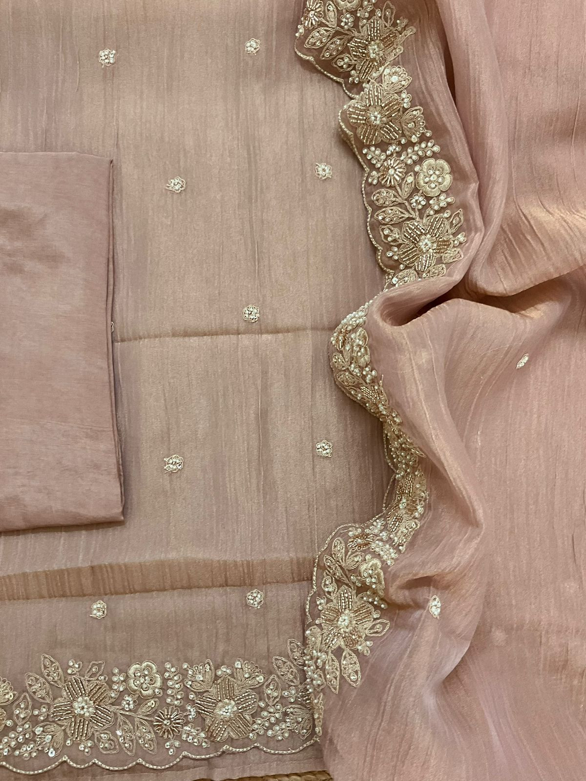 Pure Crushed Tissue Fine Embroidered Suit - Onion Pink