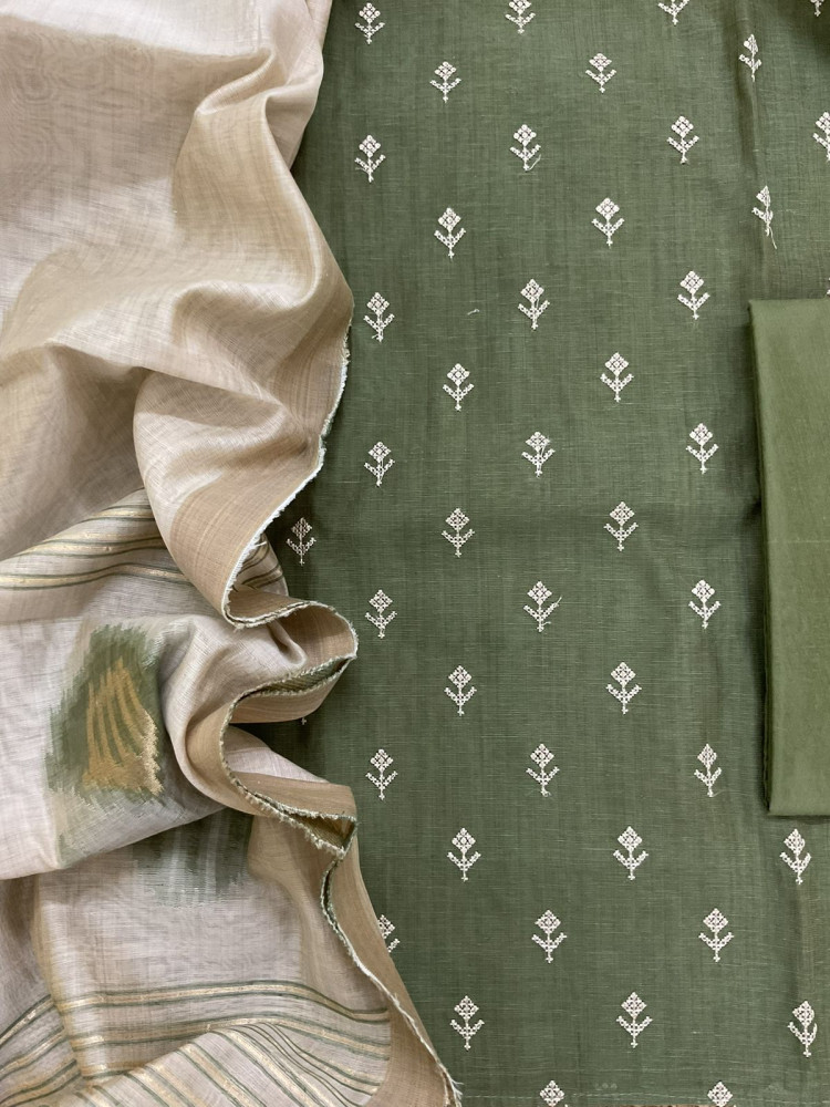 Image of Soft Tissue Slub Cotton Jamdani Weaved Embroidered Suit - Green
