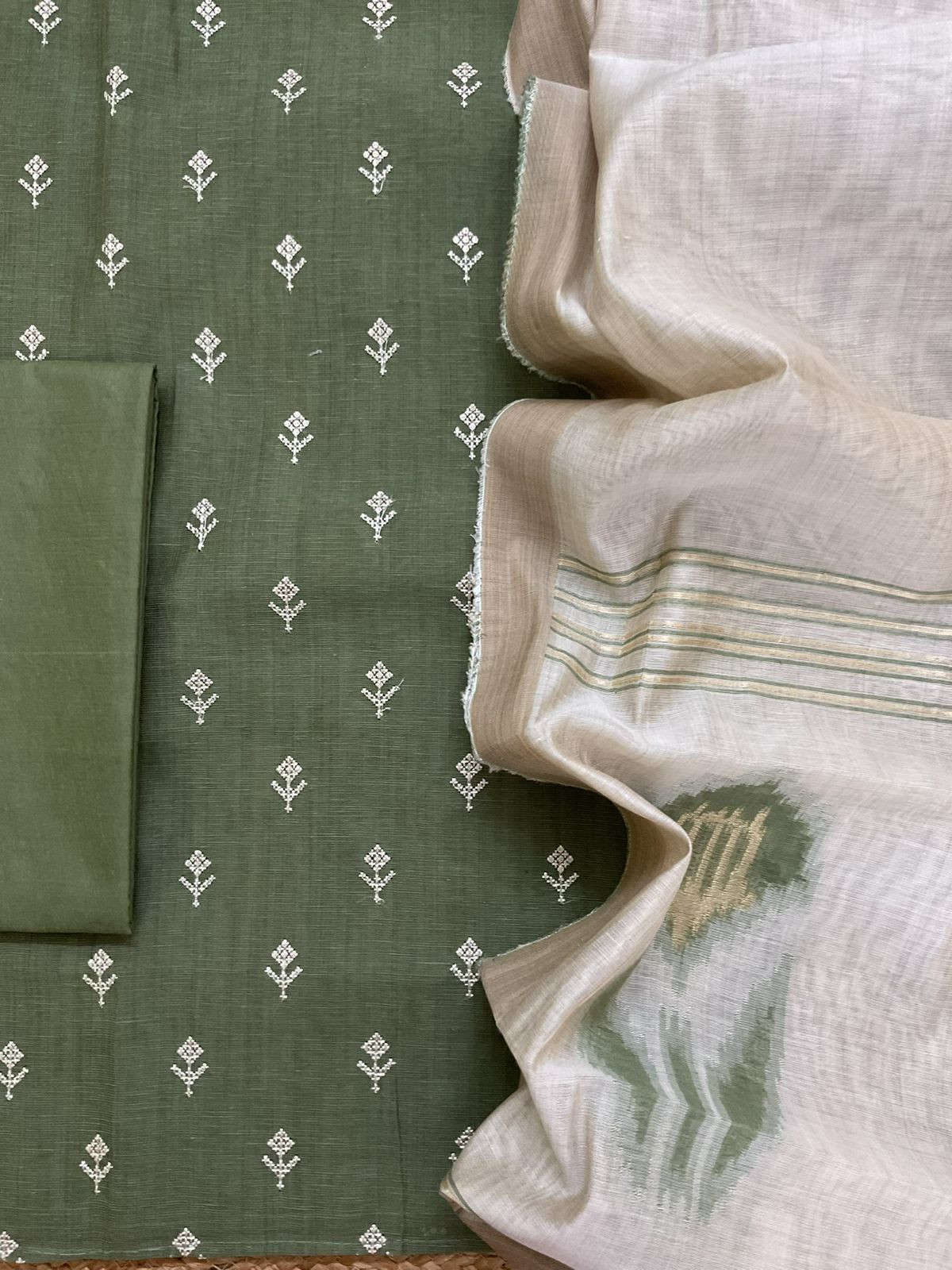 Soft Tissue Slub Cotton Jamdani Weaved Embroidered Suit - Green