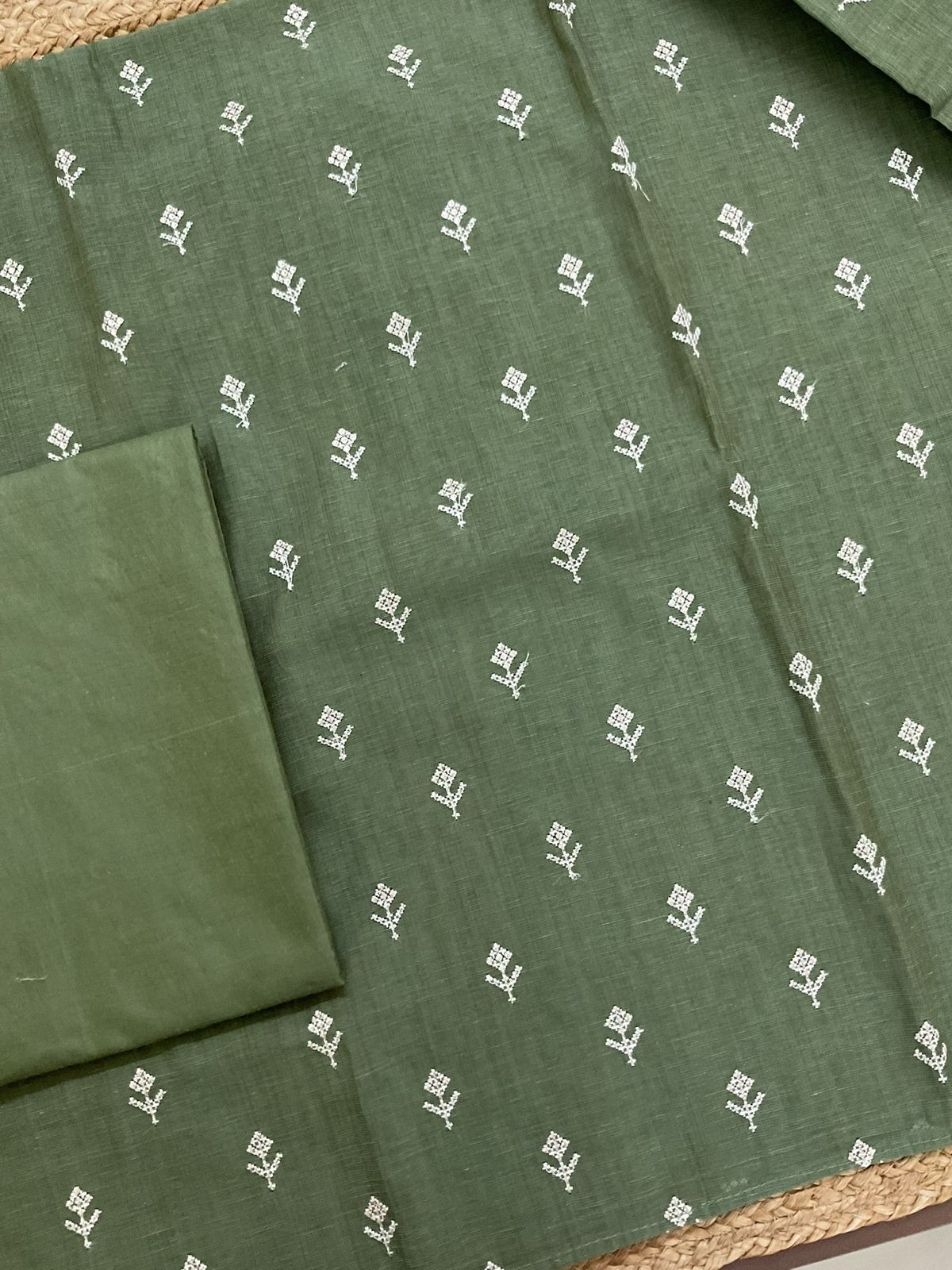 Soft Tissue Slub Cotton Jamdani Weaved Embroidered Suit - Green